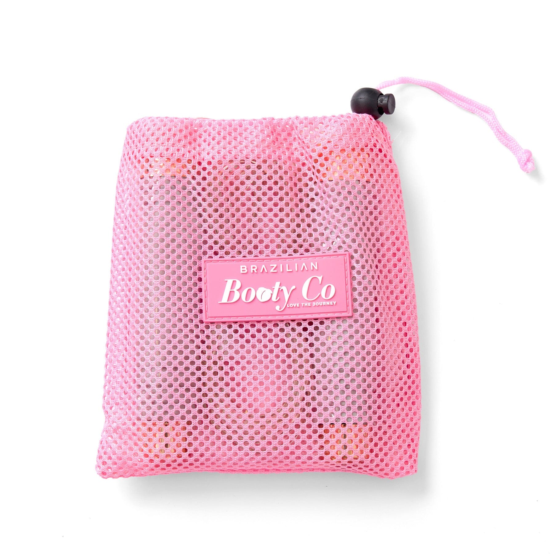Pink mesh drawstring bag with 'Brazilian Booty Co' logo